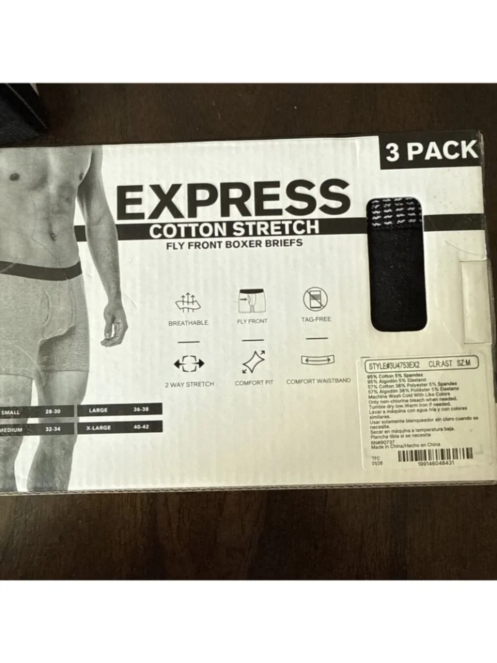 Express 3 Men's Cotton Stretch Fly Front Boxer Briefs Medium (32-34)